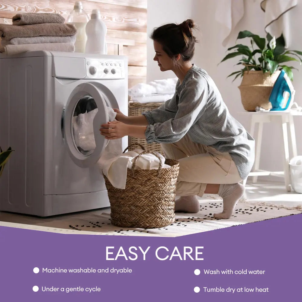 A woman is using a washing machine to clean a white pillow protector cover, demonstrating easy care features.