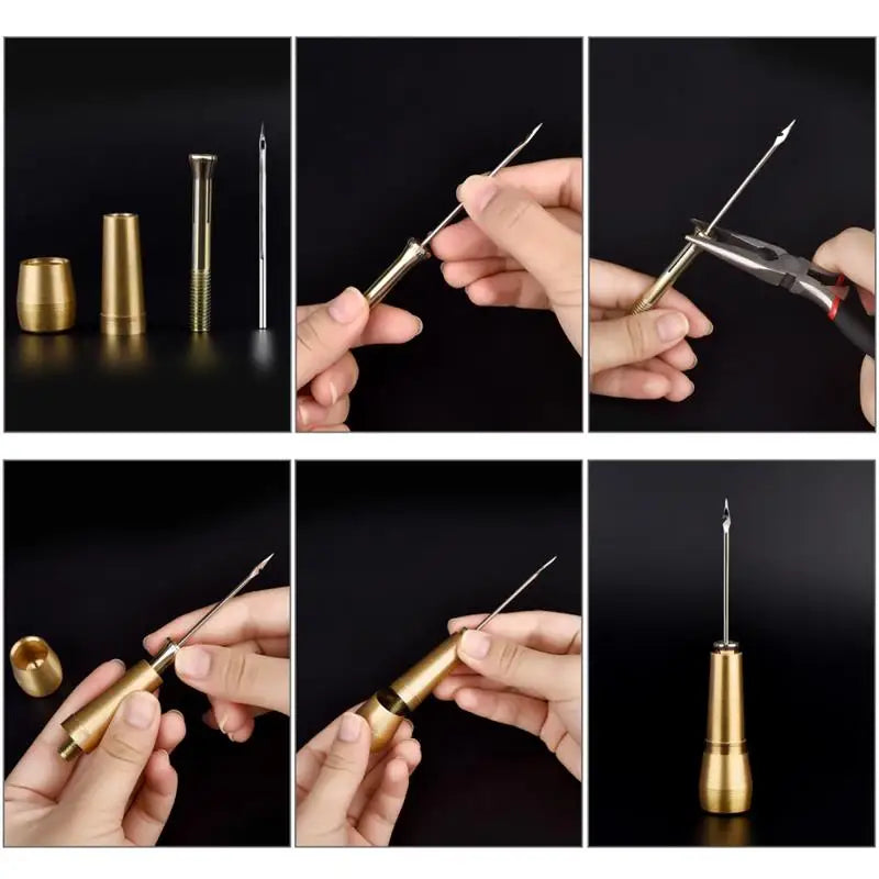 Close-up shots of a leather sewing awl and stitching kit being used by hands for various tasks.