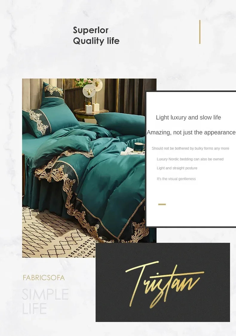 A luxurious emerald green bed skirt set with gold lace edging and sheer fabric, shown in a bedroom setting.
