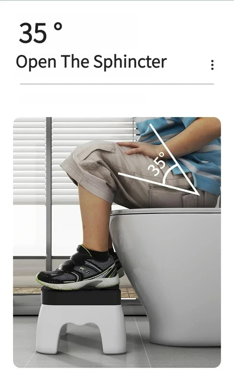 A person is using an adjustable adult toilet squat stool while measuring a 35-degree angle for comfort.
