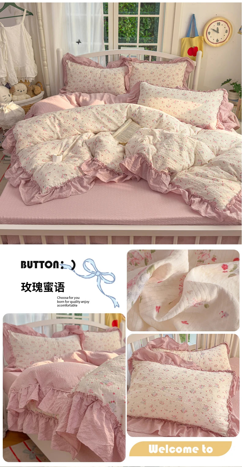 Pink princess style bedding set featuring floral patterns and ruffled edges on a white wooden bed frame.