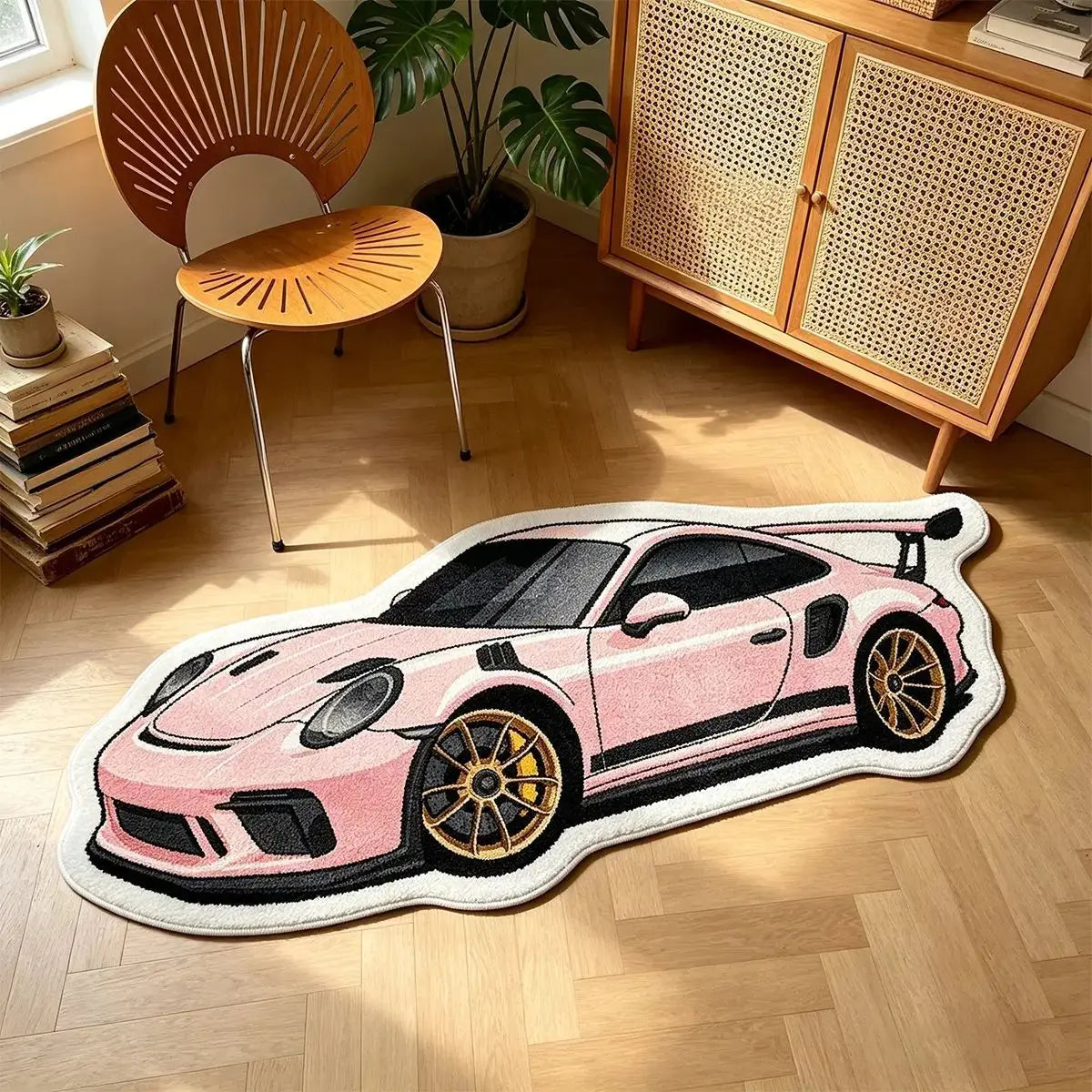 A plush rug shaped like a pink sports car with gold wheels on a light wood floor.
