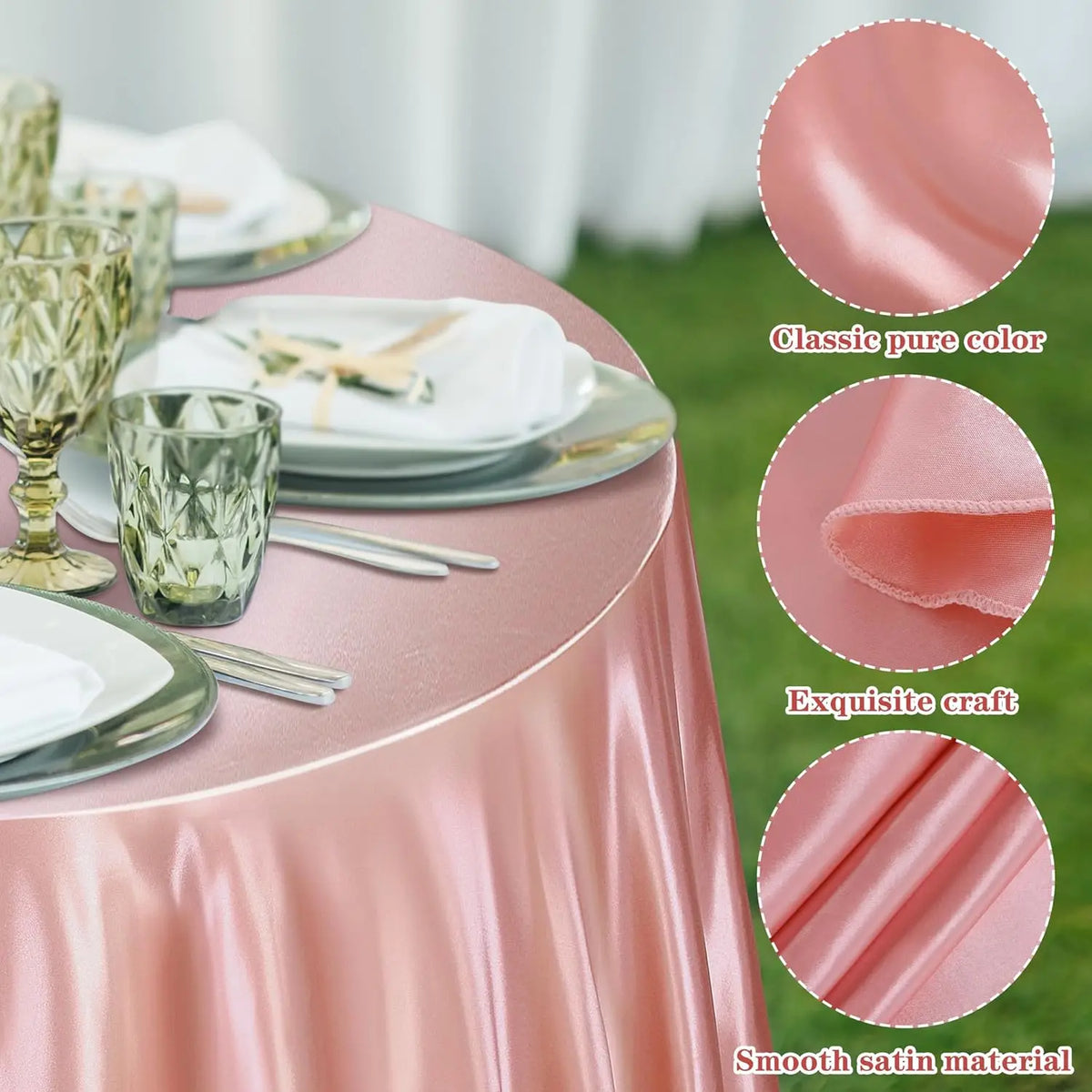 Pink satin round table cloth with elegant place settings and fabric texture details