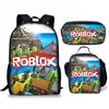 A set of two Roblox themed backpacks featuring vibrant game scenes and logos