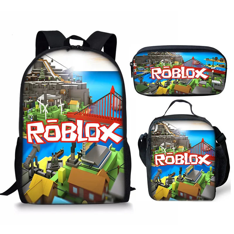 A set of two Roblox themed backpacks featuring vibrant game scenes and logos
