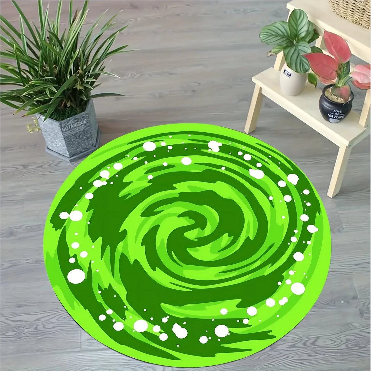A vibrant green swirl round area rug is displayed on a wooden floor next to potted plants.