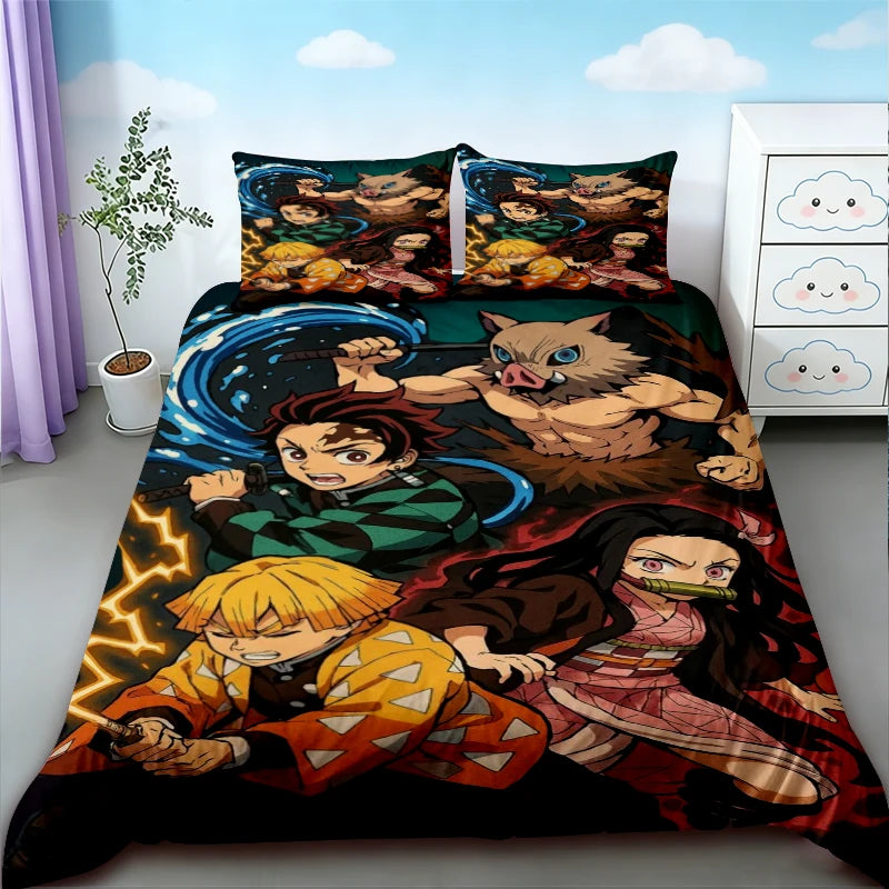 Anime Demon Slayer duvet cover set featuring characters from the series in a dark background