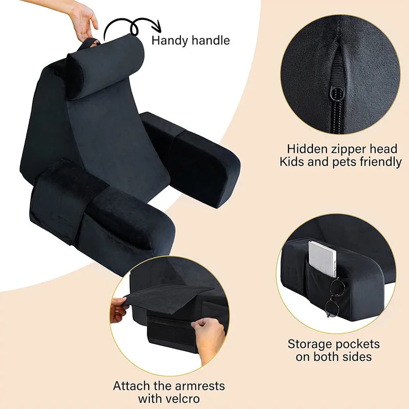 Black ergonomic back support pillow with handy handles and storage pockets on both sides