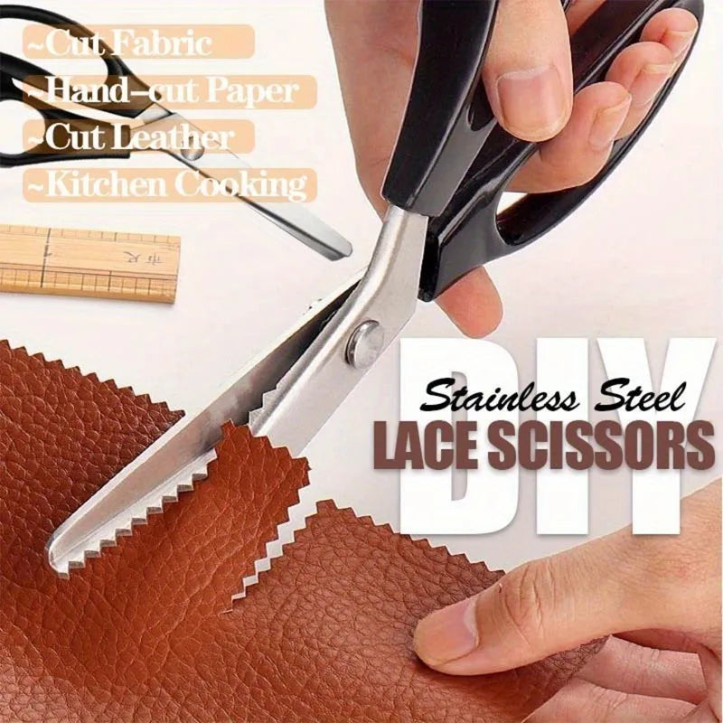 A pair of stainless steel lace scissors cutting brown leather fabric.