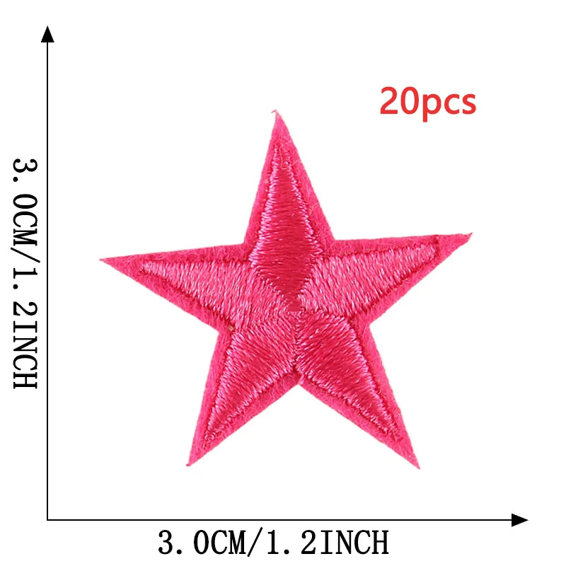Twenty five-pointed pink embroidery star patches shown against a white background.