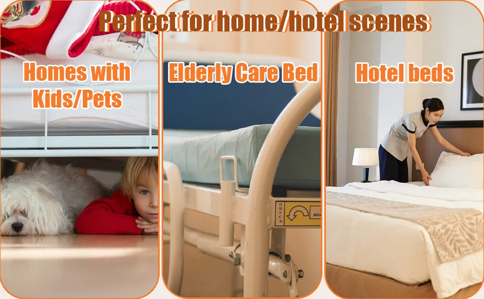 A set of heavy duty fitted sheet clips is shown in various contexts including a hospital bed, an elderly care bed, and hotel 