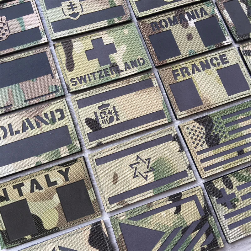 A grid of tactical multicam national flag patches featuring various country flags.