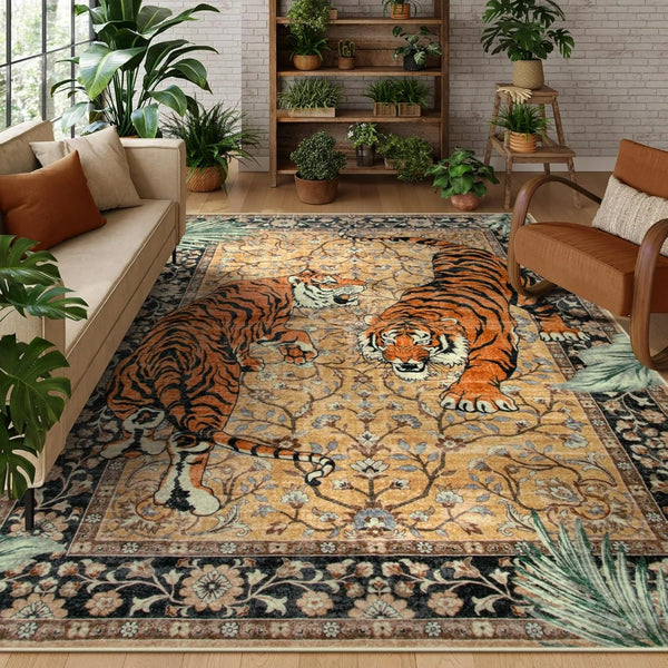 A rectangular rug featuring an orange and black tiger pattern with green accents on a light background.