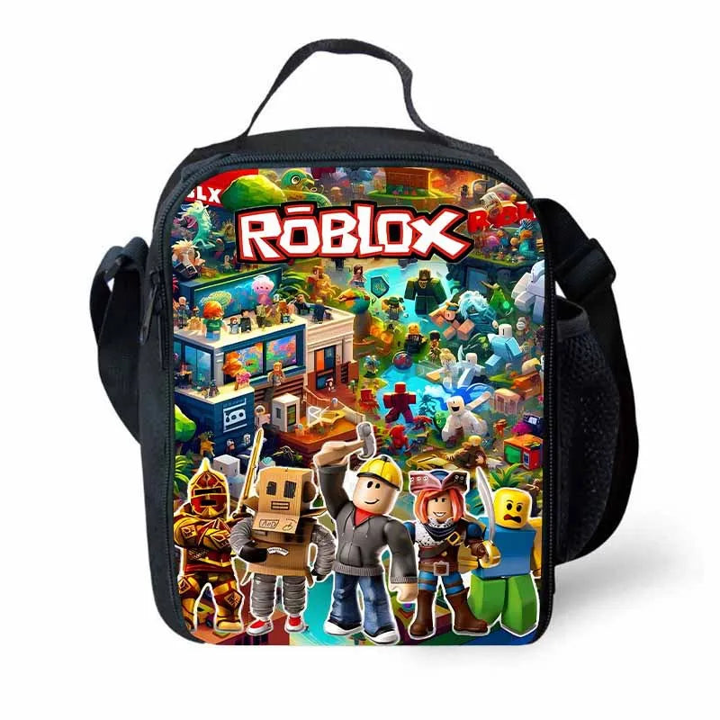 A black cartoon crossbody lunch bag featuring a vibrant Roblox theme with colorful graphics and characters.