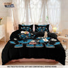 Black duvet cover featuring a blue cartoon character design with white accents