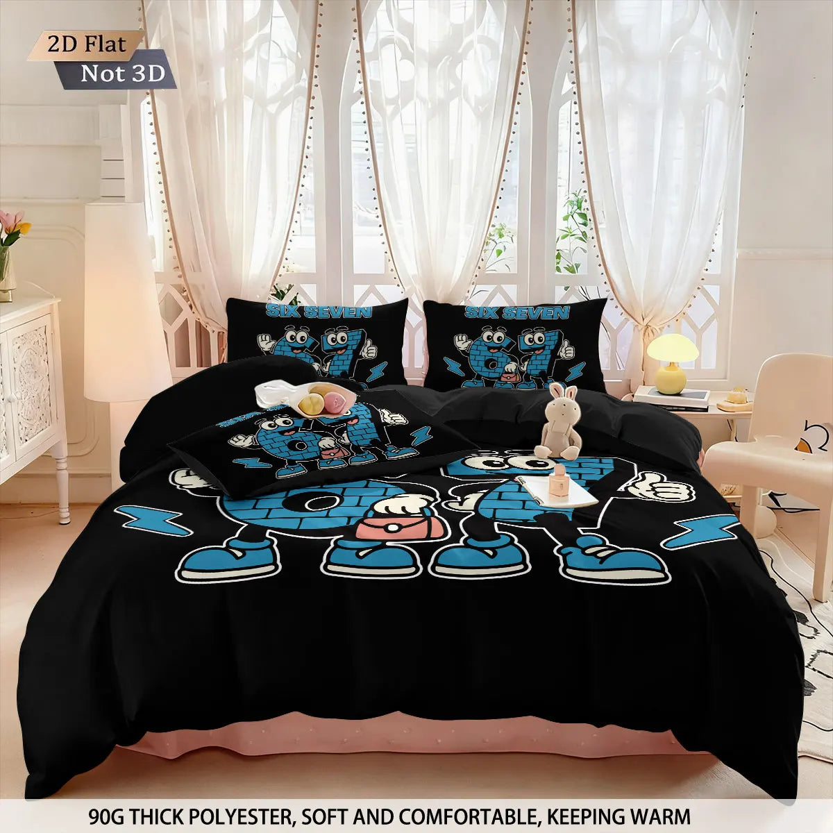 Black duvet cover featuring a blue cartoon character design with white accents