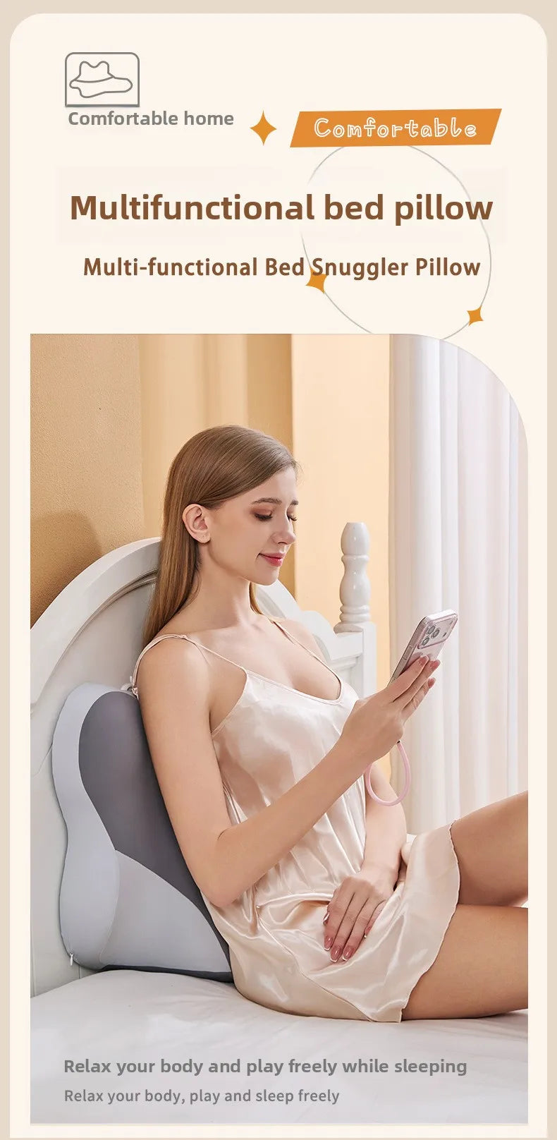 A woman is relaxing while holding a phone, demonstrating the multifunctional bed snuggle pillow.