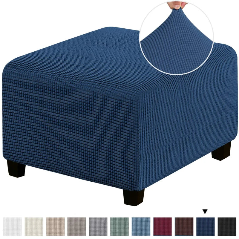 Navy blue square jacquard footrest ottoman slipcover with a textured fabric.