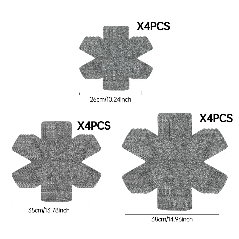 Four reusable felt pot protectors with a star shape shown in grayscale.