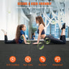 A woman demonstrates the secure and user-friendly interlocking fitness floor mats with various certification icons.