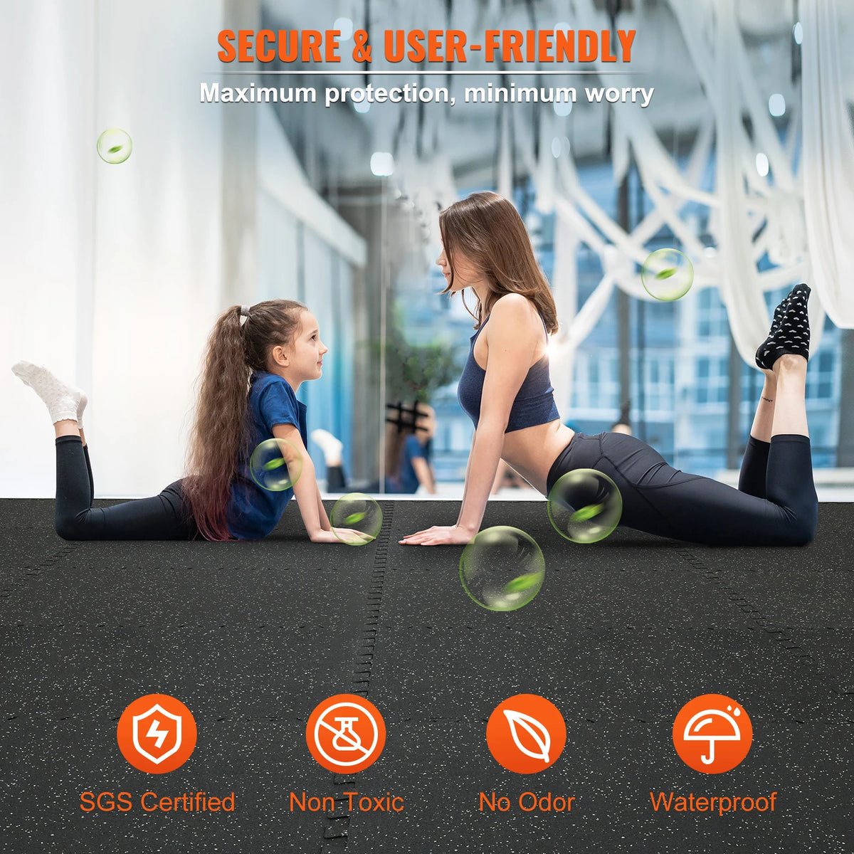 A woman demonstrates the secure and user-friendly interlocking fitness floor mats with various certification icons.