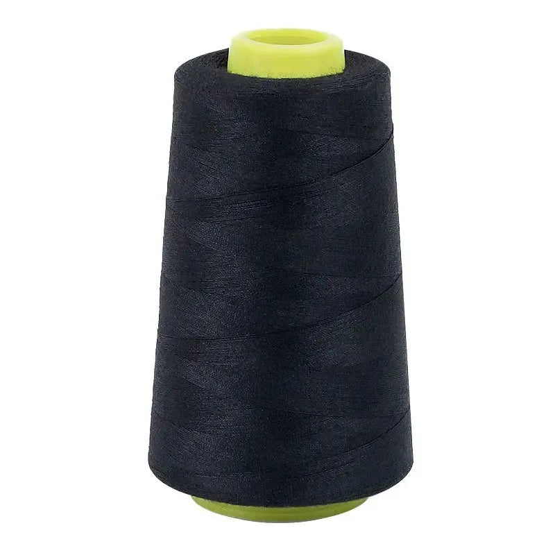 A dark navy blue sewing thread spool with a light yellow core.