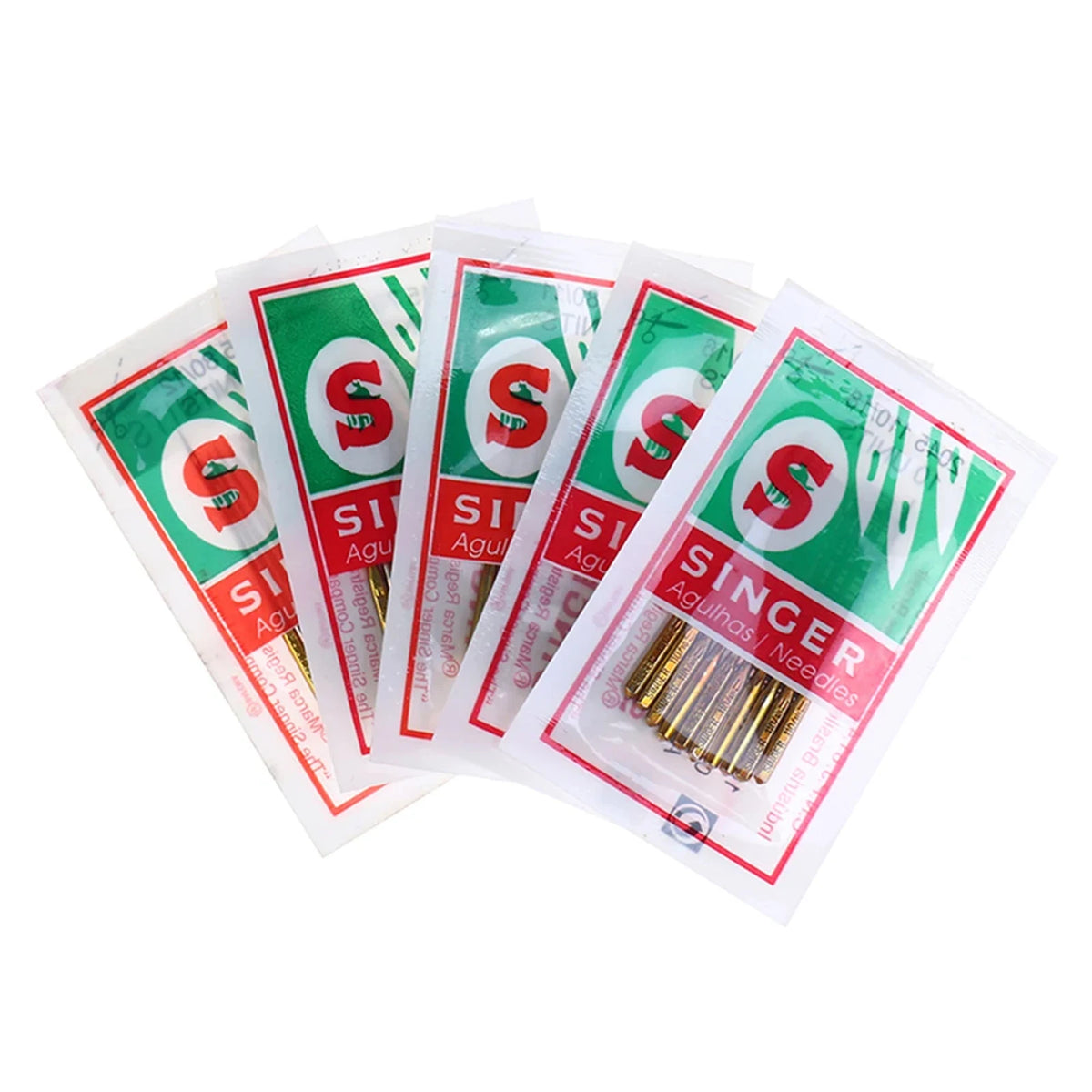 A set of precision singer sewing needles packaged in individual clear plastic sleeves.