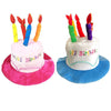 A colorful birthday candle hat decoration with yellow, orange, and blue candles on a pink cake.