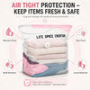 A clear plastic bag filled with soft, light-colored fabric items demonstrating air-tight protection features.