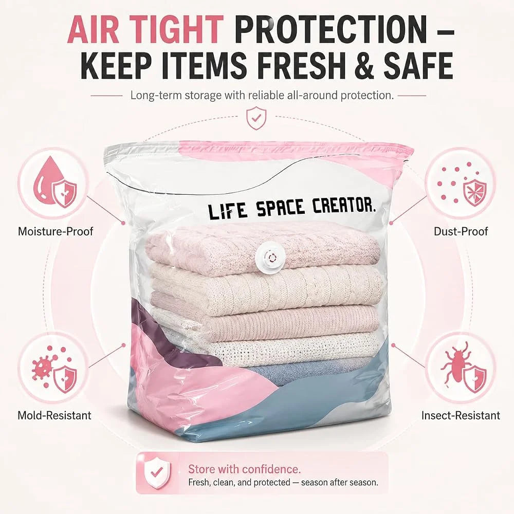 A clear plastic bag filled with soft, light-colored fabric items demonstrating air-tight protection features.