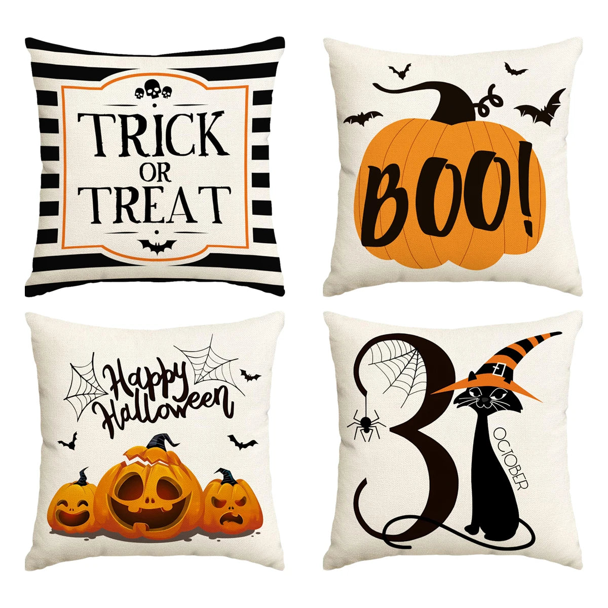 Set of four Halloween cushion covers featuring trick or treat, boo, happy halloween, and a witch cat design