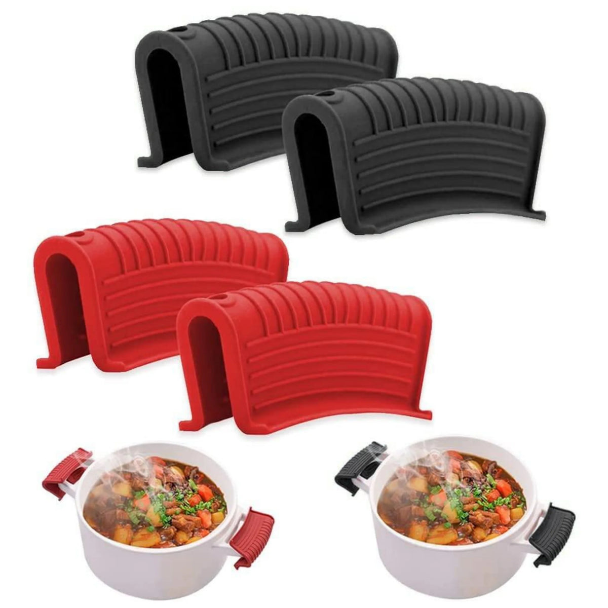 Silicone pot handle covers in black and red for cast iron pans shown in various angles