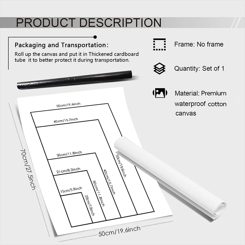 A rolled canvas print with various sized designs shown alongside a black tube for transportation.