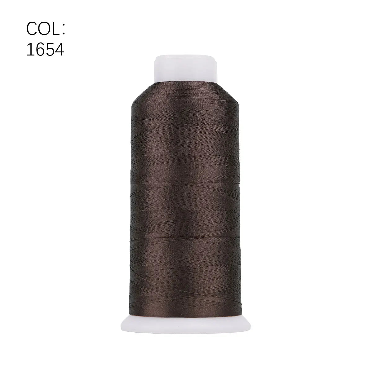 A roll of dark brown polyester embroidery thread labeled COL: 1654.