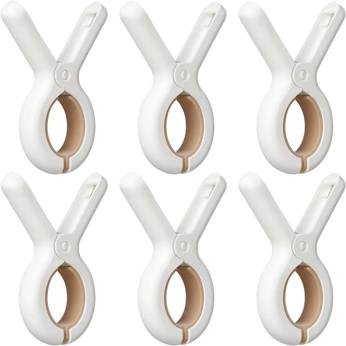A set of white heavy-duty plastic clothespins with rust-resistant springs shown in various angles.