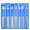 A set of stainless steel double-pointed knitting needles in various sizes, packaged in blue plastic.