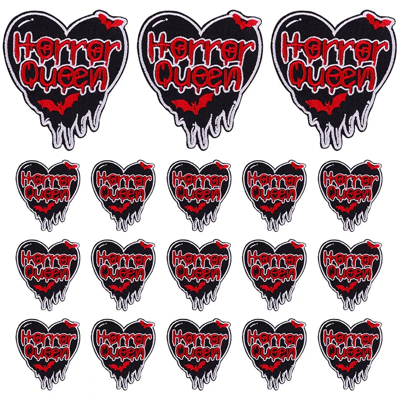 A collection of black and red horror queen embroidery patches for clothing.