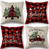 Four festive Christmas themed pillow covers featuring plaid patterns and holiday text