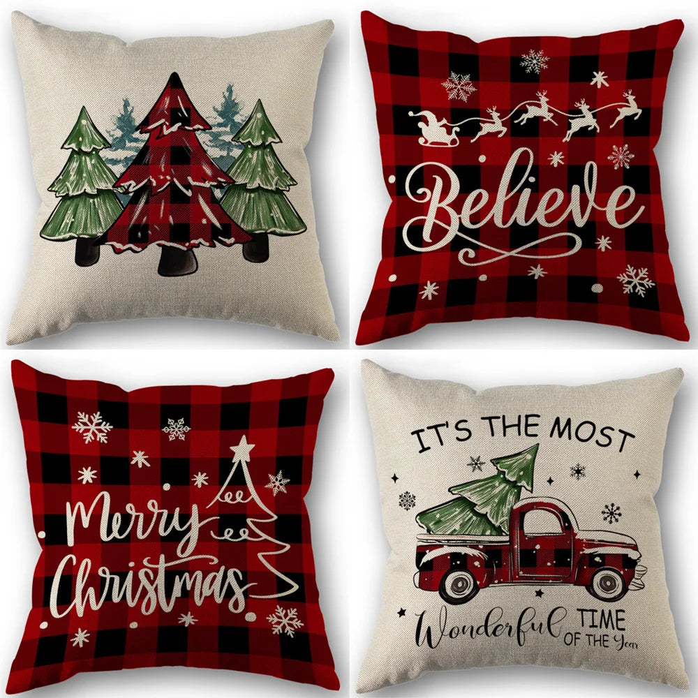 Four festive Christmas themed pillow covers featuring plaid patterns and holiday text