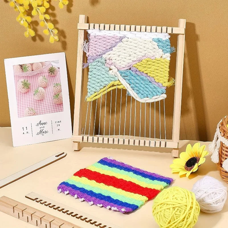 A natural bamboo handloom weaving kit showing colorful woven fabric and yarn on a wooden frame.