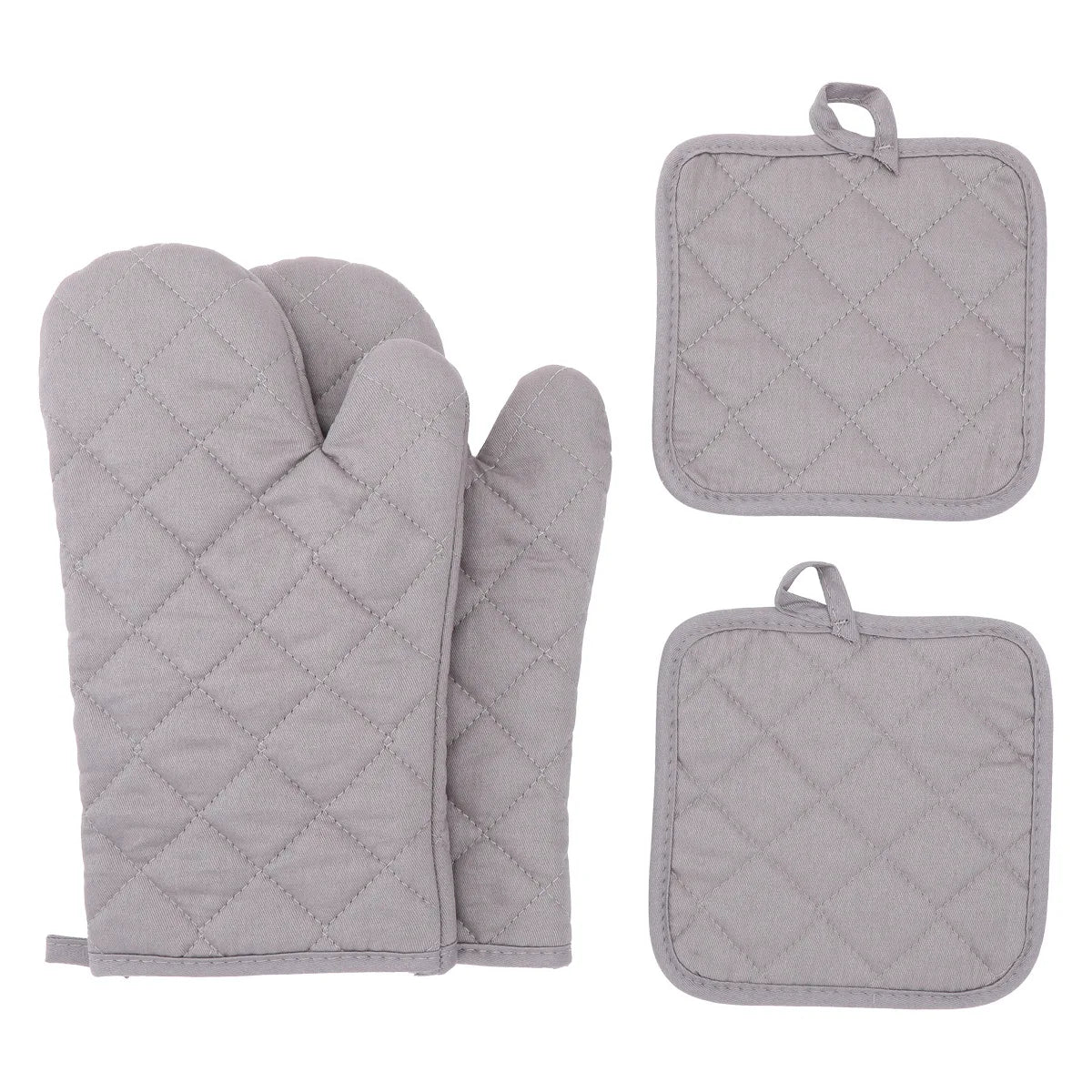 A set of light gray insulated heat resistant cooking gloves and matching storage pouches.