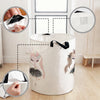 A white foldable unicorn storage basket with decorative floral and equine designs is shown next to close-ups of its features.