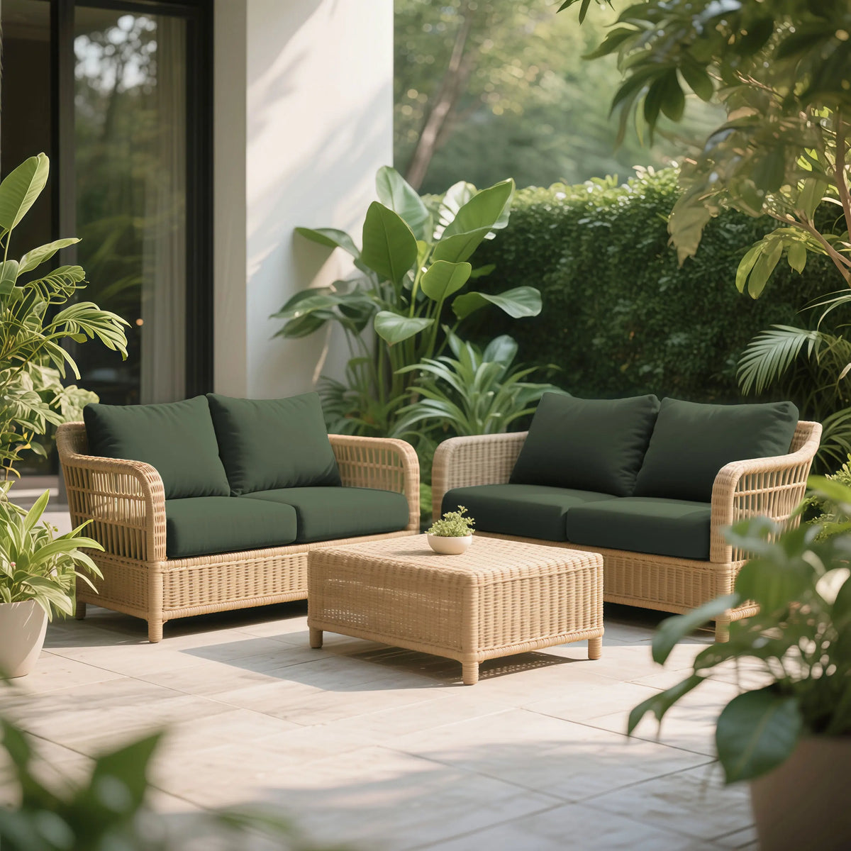 Two wicker outdoor sofas with dark green cushions and a woven coffee table set in a bright, leafy garden setting