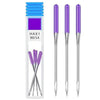 A set of precision sewing machine anti-jump needles in purple and silver housed in a clear plastic case.