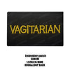 Black embroidered patch with the word VEGETARIAN in yellow thread