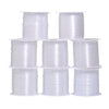 A collection of white precision nylon beading thread spools in various sizes.