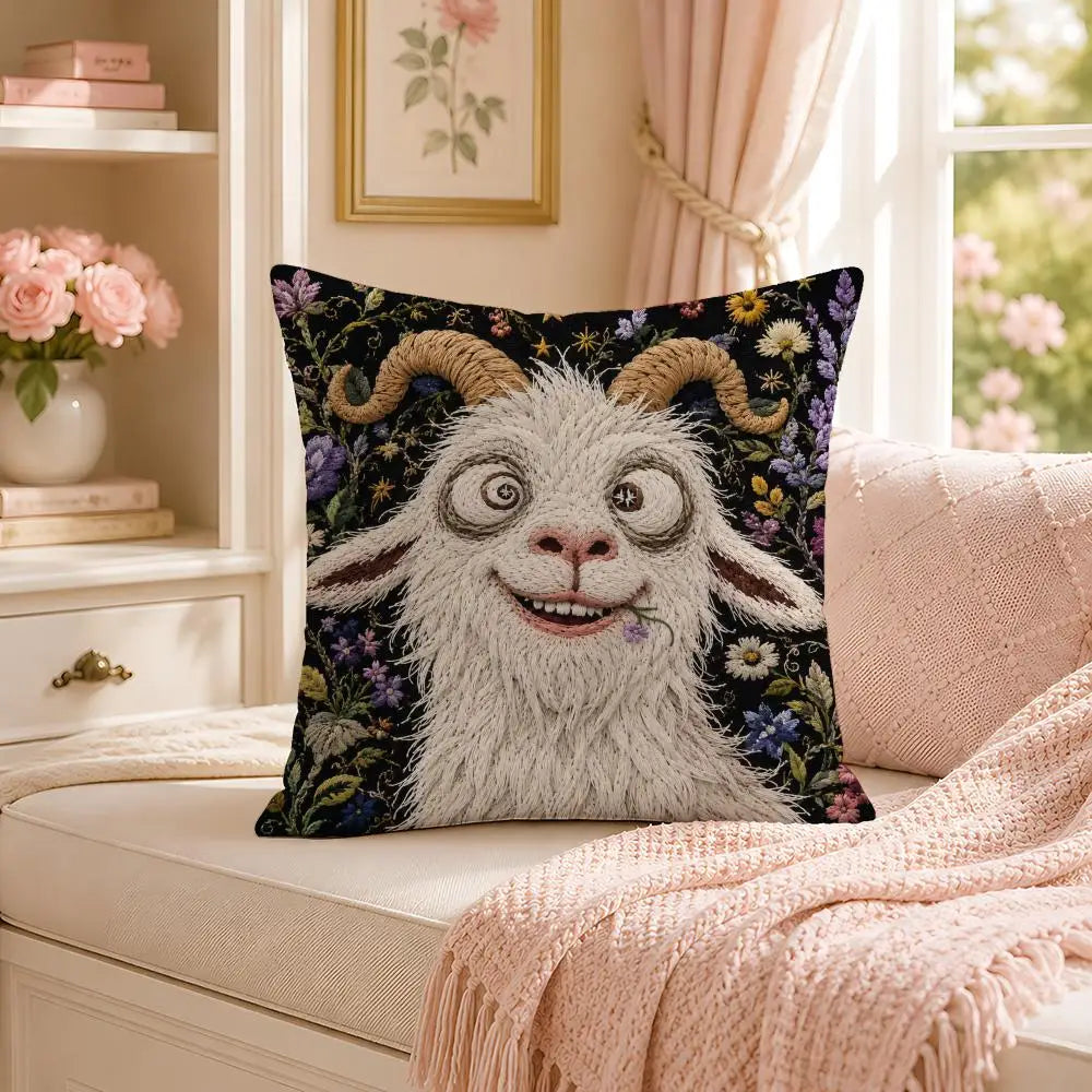A decorative pillow featuring a realistic, expressive goat face with horns and purple floral accents.