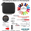 A sewing kit showing various tools including needles, pins, buttons, and a zipper storage bag.