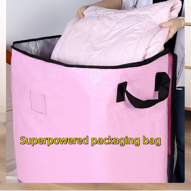 A pink heavy duty waterproof storage bag filled with a pink quilted item.