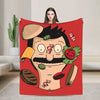 A red throw blanket featuring a cartoon illustration of a man with a mustache and a burger head.